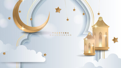 Luxury white and golden ramadan background with mosque moon lantern mandala pattern decoration