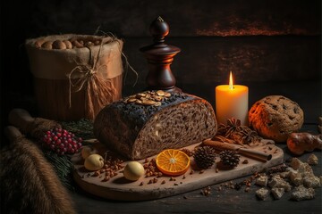 Orthodox Christmas eve. Table set up. Bread and candlelight. Generative ai.