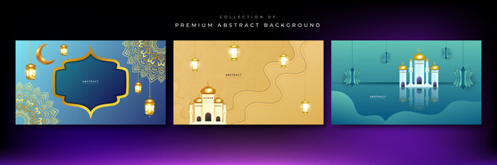 Colorful ramadan background design. Gold moon and abstract luxury islamic elements background with illustrations of mosques, moon and lanterns