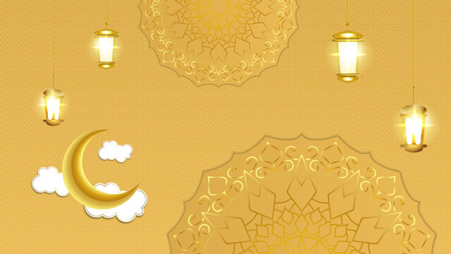 Colorful ramadan background design. Gold moon and abstract luxury islamic elements background with illustrations of mosques, moon and lanterns