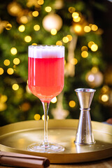 Red cocktail in elegant glass with cocktail dose. Christmas lights in background. Party atmosphere and festive decoration.