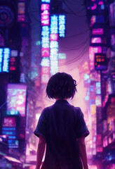 Obraz premium Illustration of a child looking at a cyberpunk Tokyo's neon signs. Blue and pink neon lights lighten the foggy night. Advanced technological metropolis with a Blade Runner feeling. 