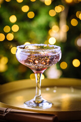 Rose cocktail in coupe glass with sparkling water. Christmas lights in background. 