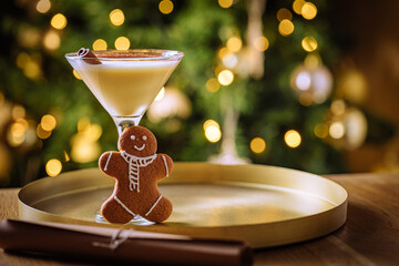 Eggnog cocktail in martini glass. Beverage placed on golden tray with Christmas lights in...