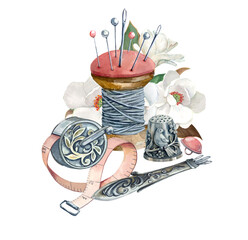 Sewing composition, vintage threads, thimble, needle, centimeter. Watercolor illustration