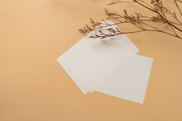Postcard, white paper with dried flowers on orange background. Mockup stationary template.