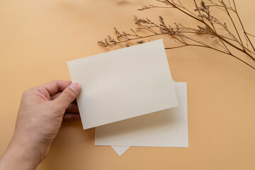 Hand holding on a  postcard, white paper with orange background and dried flowers. Mockup stationary template. 