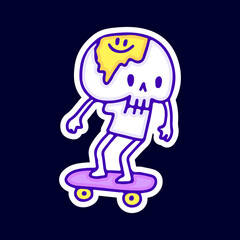 Cute skull with melted emoji face riding skateboard illustration. Artwork for street wear, t shirt, posters, bomber jackets, hoodie, patchworks, enamel pins; for clothes.