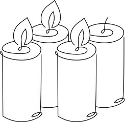 Three hand drawn one line candles vector icon. Four candles are burning. Christmas advent illustration for greeting card, web design isolated holiday invitation on white background