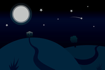 Meadow at night fairytale illustration moon house and stars