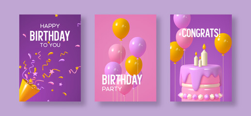 Set of birthday greeting posters with balloons, cake and confetti. Pink, purple, yellow colors. Realistic vector illustration.