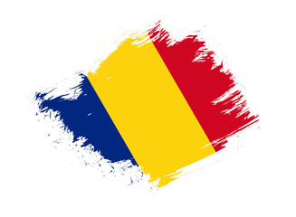 Romania flag with abstract paint brush texture effect on white background