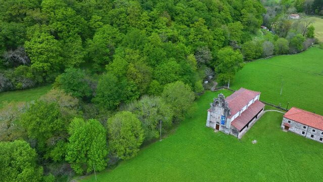Aerial view from a drone of the surroundings of the Sanctuary of Valvanuz. Selaya. Pasiegos Valleys. Cantabria. Spain. Europe