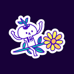 Cute skull riding sunflower cartoon, illustration for t-shirt, sticker, or apparel merchandise. With modern pop and retro style.