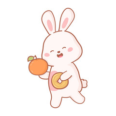 Rabbit with New Year Chinese gold coin and tangerine. Png, vector illustration cute bunny and CNY elements