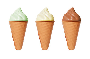Ice cream cone waffle glass and cream ice cream on white background