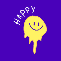 Melted smile emoji with happy typography cartoon, illustration for t-shirt, sticker, or apparel merchandise. With modern pop and retro style.