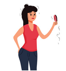 Alopecia. Hair loss. The girl holds a comb and sees hair loss on it. Curly. Cartoon. Vector stock illustration. Character. Isolated