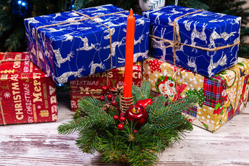 Christmas wreaths with four candles. Market of decor . Lots of christmas decoration in store. Christmas shopping for new year tree.