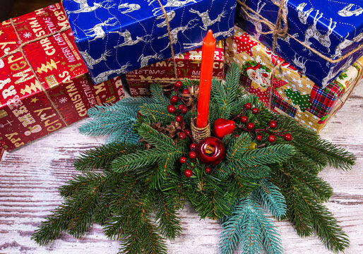Christmas wreaths with four candles. Market of decor . Lots of christmas decoration in store. Christmas shopping for new year tree.