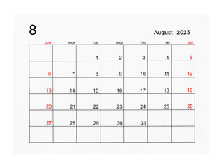 A August 2023 Calendar page isolated on white background, Saved clipping path.