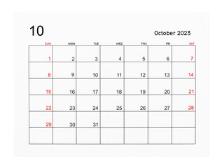 A October 2023 Calendar page isolated on white background, Saved clipping path.