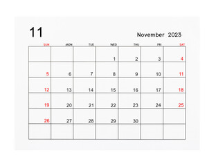 A November 2023 Calendar page isolated on white background, Saved clipping path.