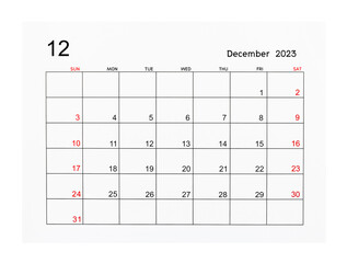 A December 2023 Calendar page isolated on white background, Saved clipping path.