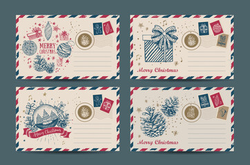 Christmas mail, postcard, hand drawn illustration.	
