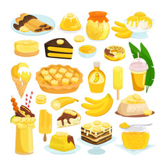 Sweet delicious homemade banana desserts collection cartoon elements, vector illustration. natural products made from berries