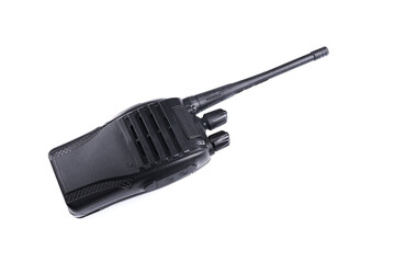 Black rectangle portable device with antenna isolated on white background. radio transceiver set for communication. radio set, walkie-talkie - obrazy, fototapety, plakaty