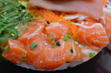 Japanese rice bowl with raw salmon and raw tuna on top