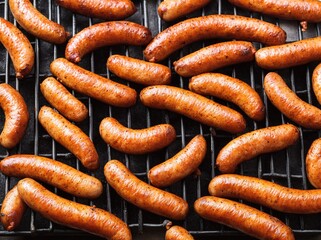 Fototapeta premium smoked sausages on a grill, food, sausage, meat, pork, sausages, barbecue, beef, grill, grilled, cooking