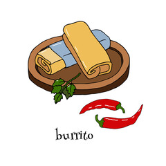 Burrito and parsley sprig isolated on white background. Hand drawn element for the design of fabrics, wallpapers, postcards