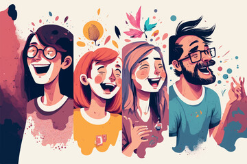 Happy Laughing People Flat Vector Illustration. Smiling Joyful Cheerful Boys, Girls, Men and Women. Generative AI.