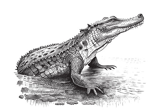 Crocodile sitting in the water hand drawn sketch Vector illustration.