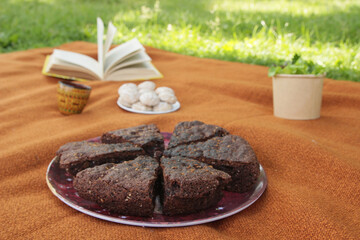 Delicious healthy vegetarian food on a summer picnic in a garden in nature.