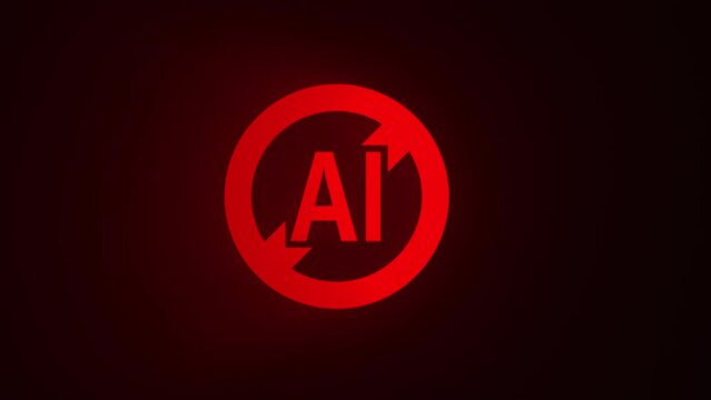 Poster against AI, footage in 4K with Anti-AI red round crossed out sign that makes art on one's own