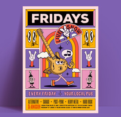 Friday live music party show or concert poster or flyer design template with retro styled walking cartoon guitar character and cartoon graphic elements in bright colors. Vector illustration - obrazy, fototapety, plakaty