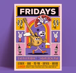  Friday live music party show or concert poster or flyer design template with retro styled walking cartoon guitar character and cartoon graphic elements in bright colors. Vector illustration © paul_craft