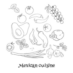 Mexican cuisine vegetables and fruits set black and white design isolated on white background. Hand drawn element for the design of fabrics, wallpapers, postcards