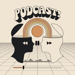 Podcast show cover design template in vintage boho style with two heads looking to each other and rainbow between them and player interface elements. Vector illustration - obrazy, fototapety, plakaty