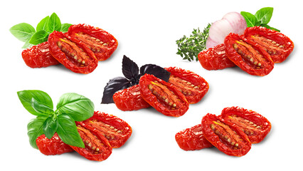 Dried or Sundried tomato halves with sweet  basil and herbs isolated png - obrazy, fototapety, plakaty