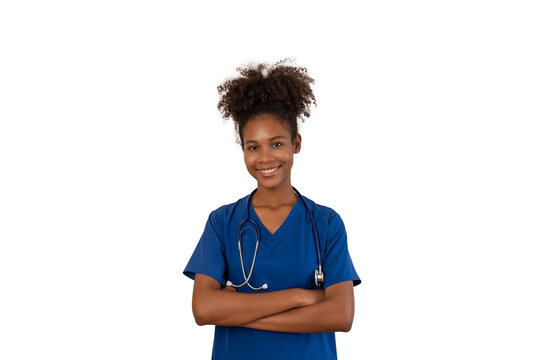 Black woman nurse standing, smiling, arms crossed. healthcare, insurance concept. Isolated white background