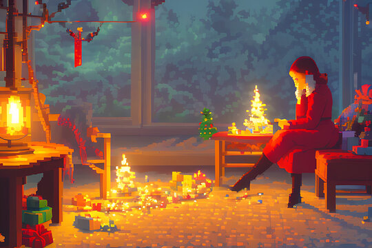 Paisaje navide&ntilde;o hermoso en pixelart, casas r&uacute;sticas entre la nieve, luces y regalos - AI Generated Art