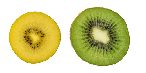 Yellow and green kiwi fruit slice on a white background. Bio fresh fruits.
