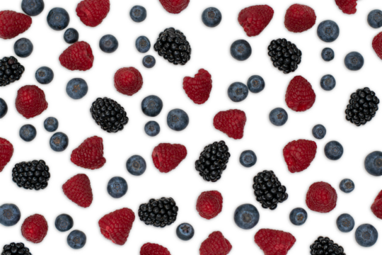 Berries pattern isolated on white. Strawberries, raspberries blackberries and blueberries arranged on white. Top view.