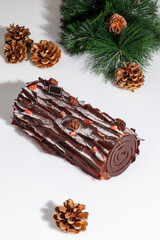 Christmas log shaped chocolate cake roll with tree branch and fir cones