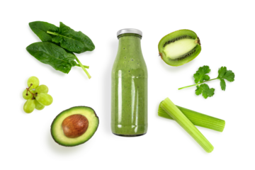 Detox cleanse drink concept, green vegetable smoothie ingredients. Natural, organic healthy juice in bottle for weight loss diet or fasting day. Isolated on white.