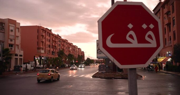 Arabic light traffic in the evening with road sign board